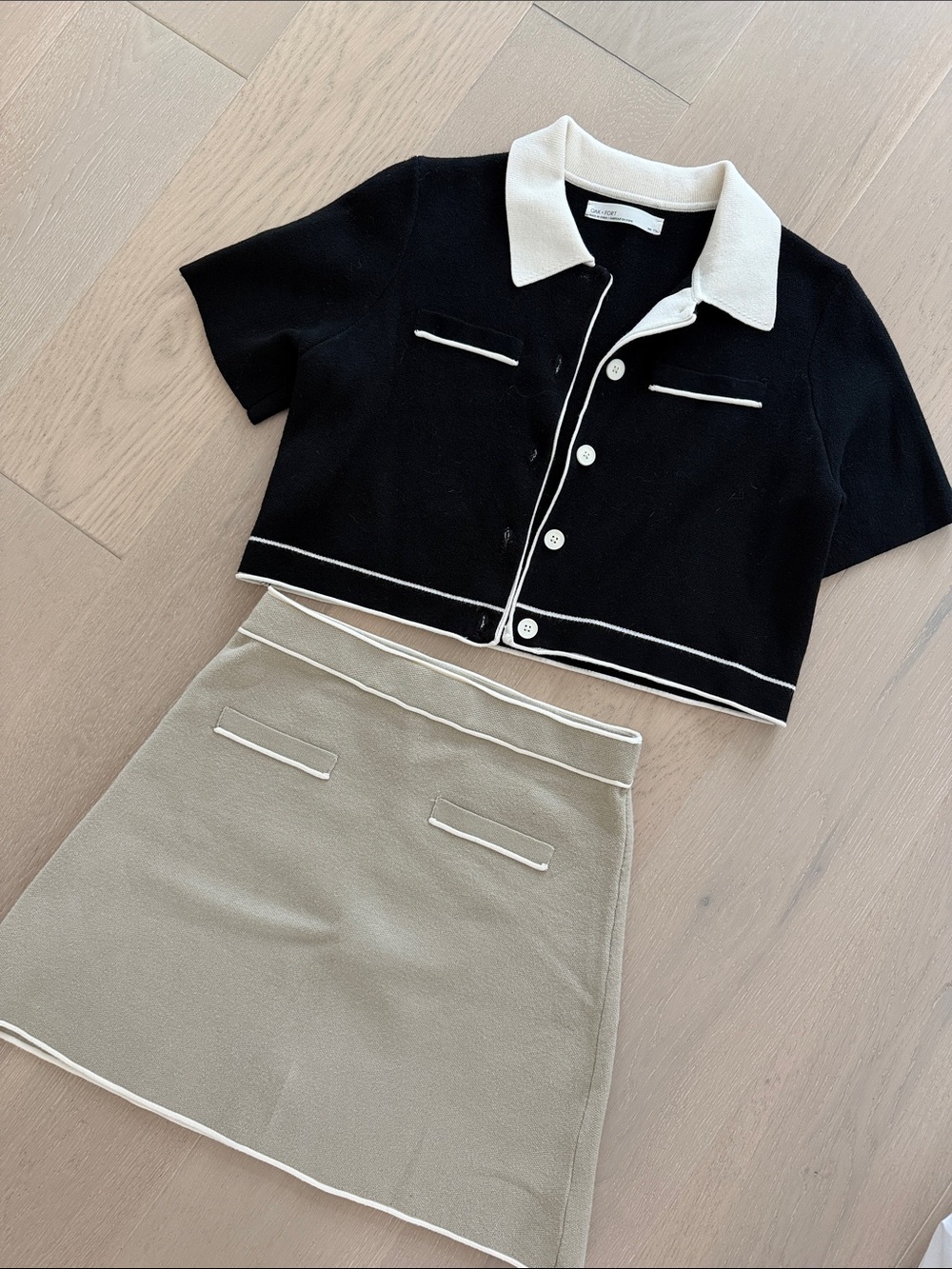 OAK + FORT Black Cropped Button-Down Polo with Cream Trim & Beige Skirt